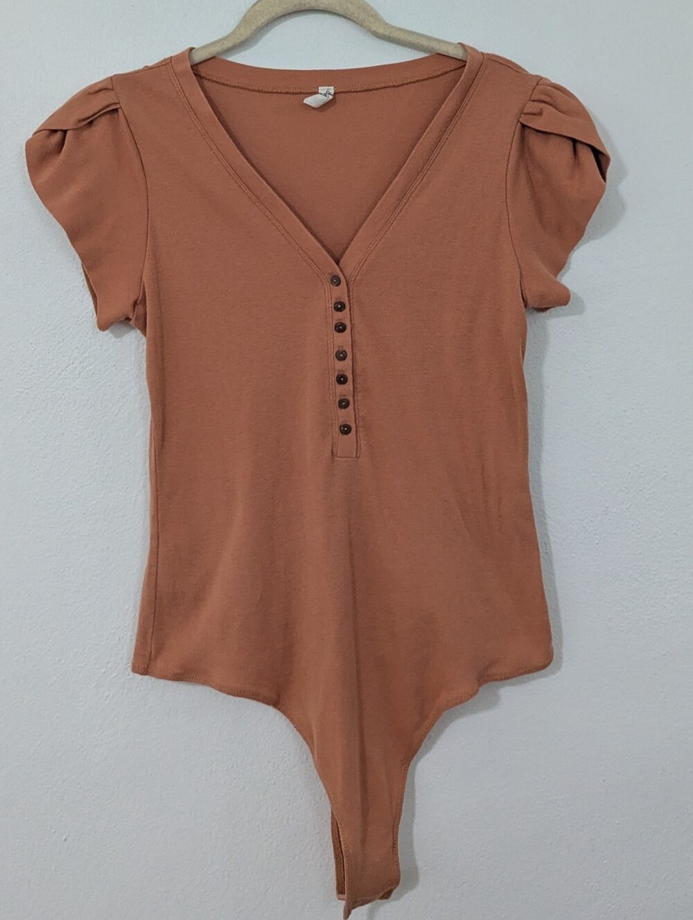 Free People Intimately Mia Bodysuit Puff Sleeve Henley V Neck Orange Large L